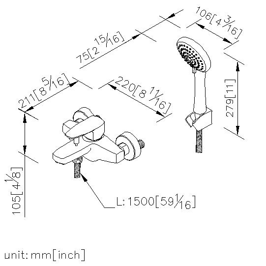 Bath/Shower Mixer W/Hand Shower & Wall Bracket & Hose 150cm thumbnail 2
