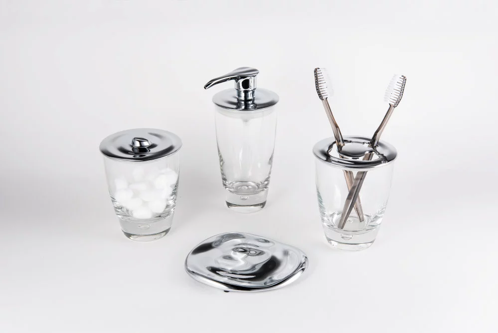 JUSTIME ETHER Freestanding Bathroom Accessory Set with Cloud-Inspired Curves, Polished Chrome Finish and Transparent Containers