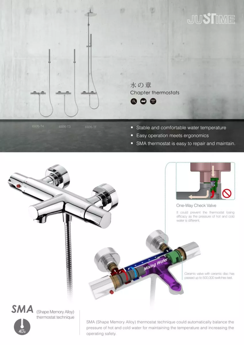 JUSTIME CHAPTER Thermostatic Mixer with Ergonomic Handles, SMA Temperature Regulation and Temperature Safety-Stop Button