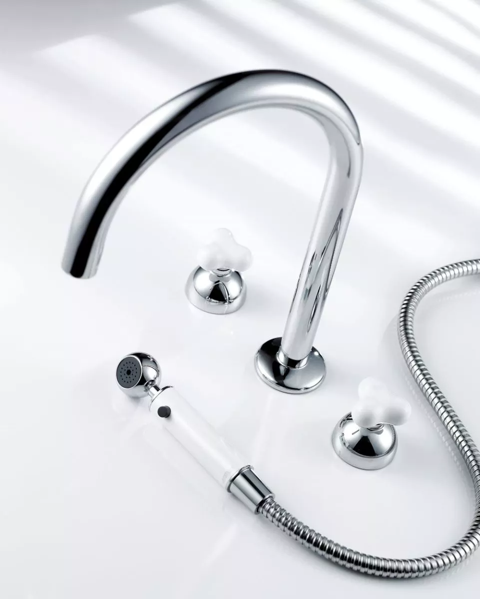 JUSTIME STORY Kitchen Faucet with White Porcelain and Brass, Integrated Spout, Concealed Aerator and Side Sprayer